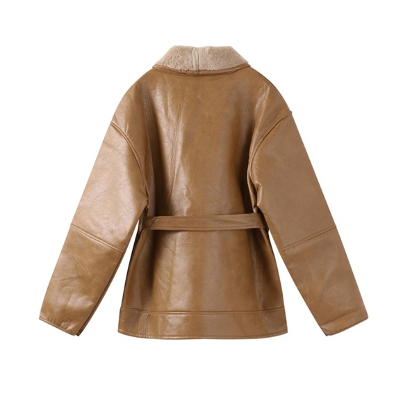 Winter Thick Plush Women PU Leather Jackets With Belts - Picture 9 of 10